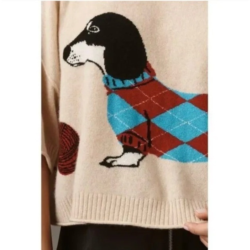 Anthropologie Maeve Dachshund Argyle Intarsia Cashmere Sweater Cream NWT L